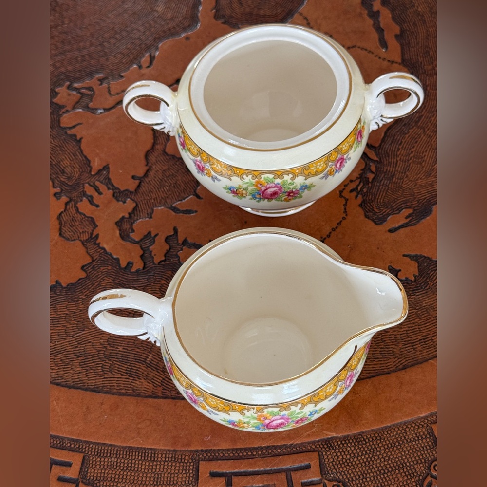 Cream and Sugar Set. Floral with Gold Accents. By crown Potteries in USA.